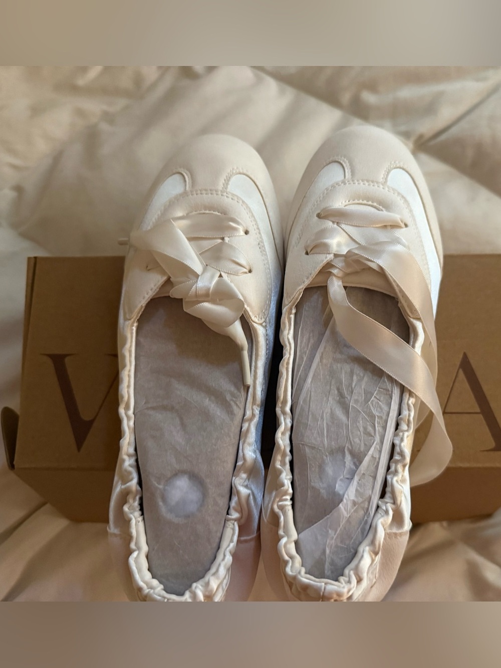 Square-Toe Lace-Up Satin Sneakerina (Cristina) in light gold NWT in box size 6